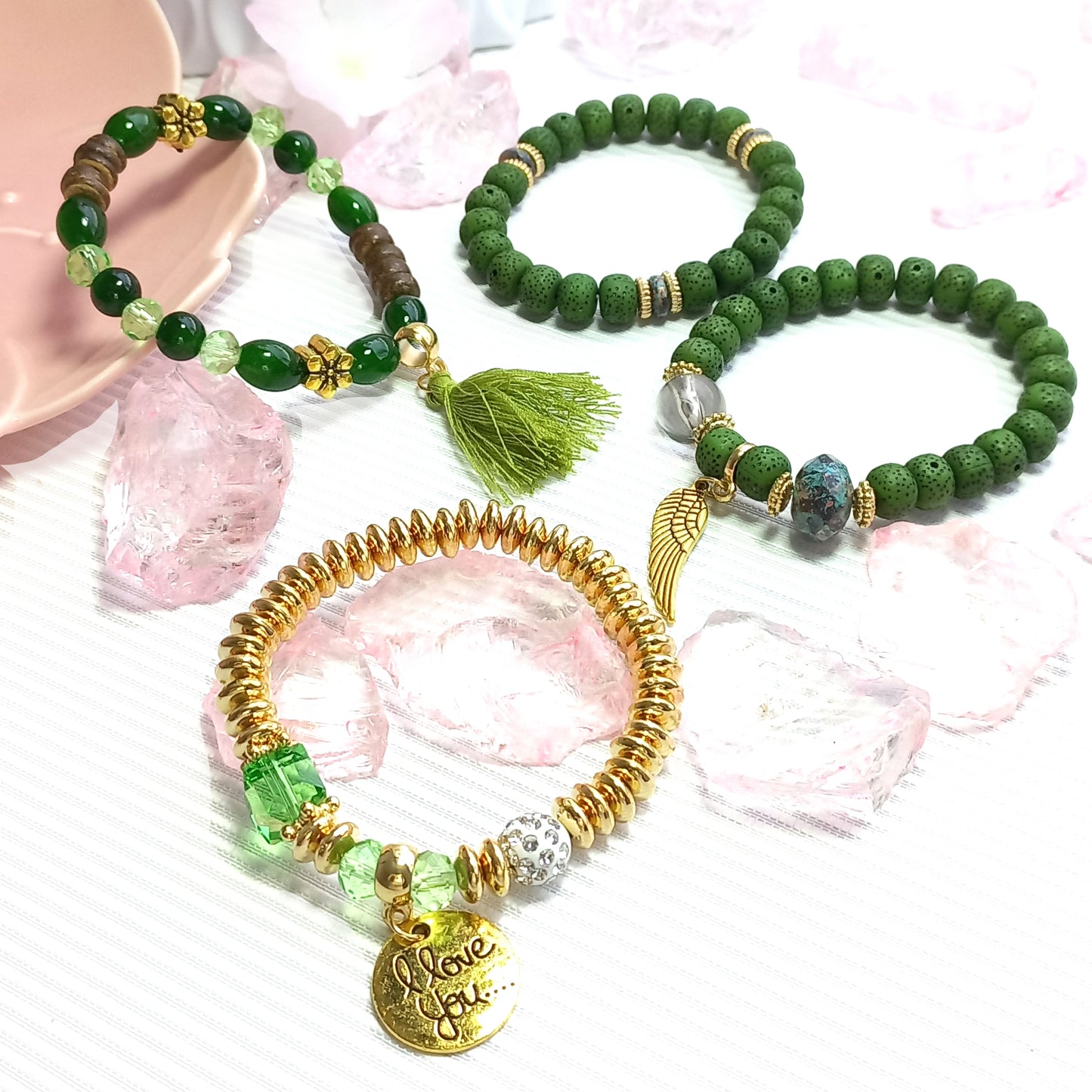 Pulseras de madera, con metal y piedra